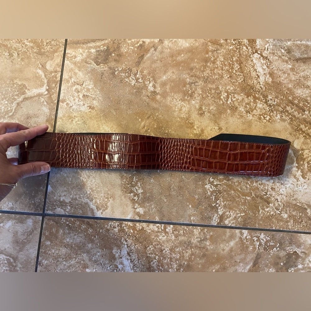 Vintage LES CREATIONS ELITE brown textured leather belt SZ 36 silver buckle Y2K - Picture 3 of 15